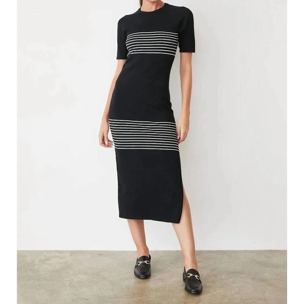 Monrow Knit Midi Dress Womens Black Tan Striped Mock Neck Short Sleeve Small - Picture 1 of 9